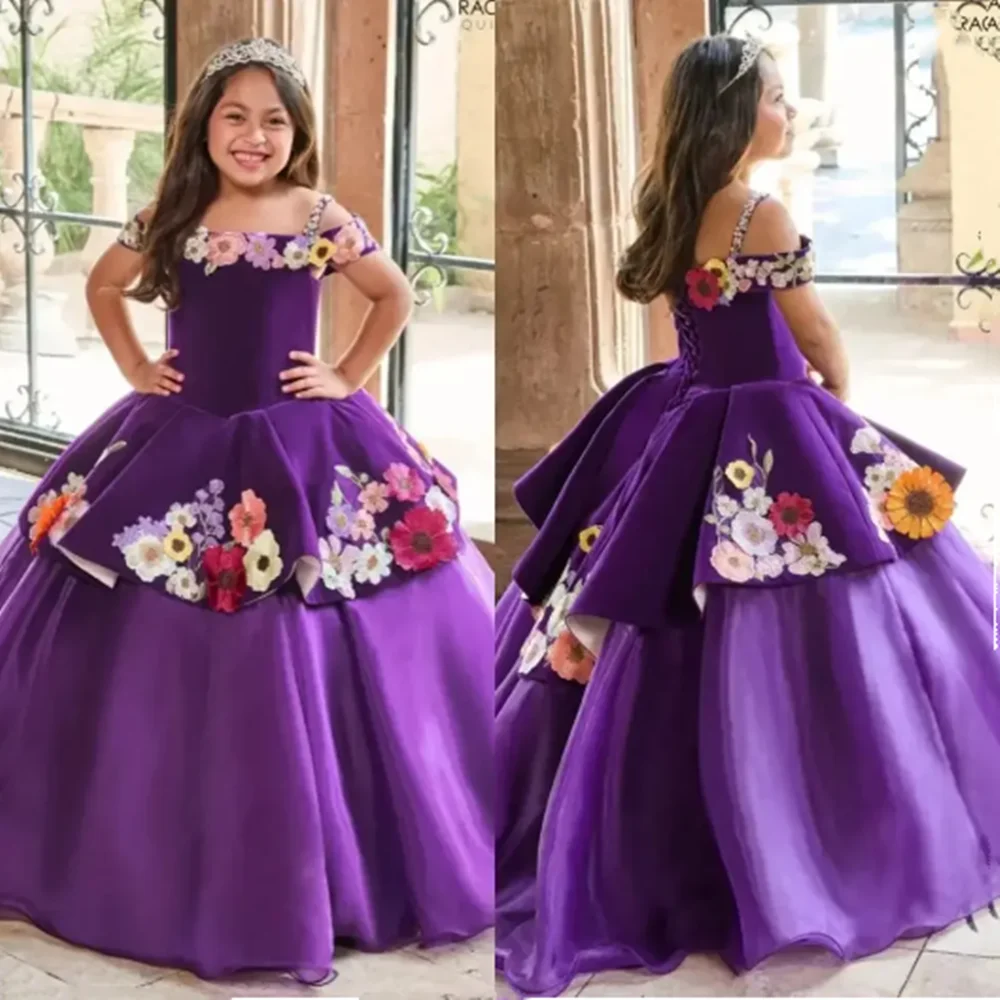Vestidos morados con hombros descubiertos hasta el suelo para niña, vestidos de flores con apliques de encaje Floral, vestidos de primera comunión personalizados