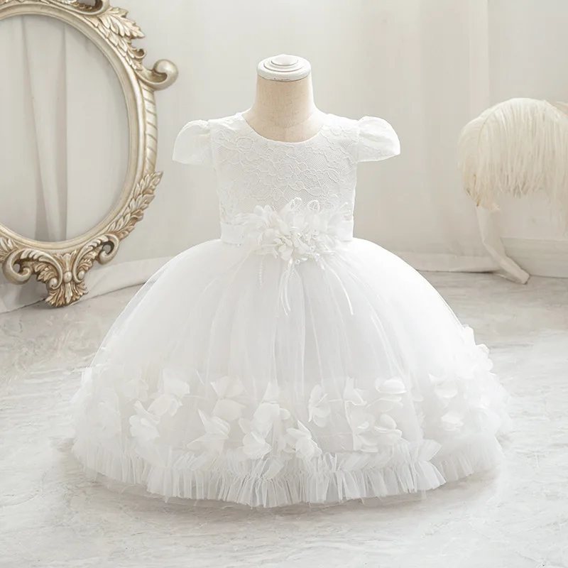Süße süße Blumenmädchen Spitze Stickerei Mesh flauschige Prinzessin Kleid für Kleinkind Baby Taufe Geburtstag Party Kommunion Hochzeitskleid