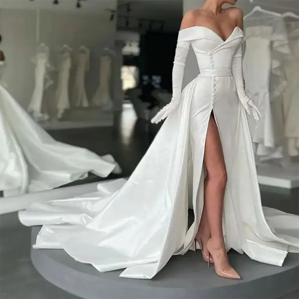 

Classic Off Shoulder Button Side Split A-Line Wedding Dresses Bridal Gowns Customized