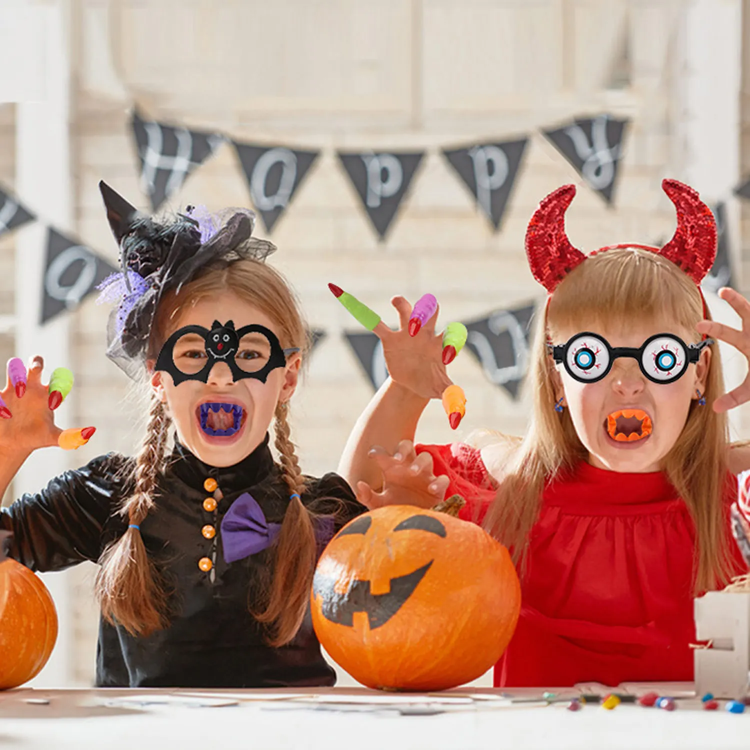 Dentes e assobios falsos do vampiro da aranha, Unhas do dedo da bruxa, Decoração do partido do truque ou do tratamento, Kit Brinquedos do Dia das Bruxas