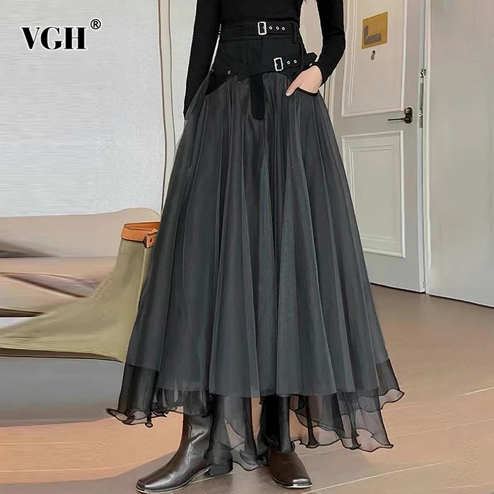 VGH Patchwork Belt Mesh Skirts For Women High Waist Solid Temperament Long Skirt Female 2024 Summer Fashion Clothing New Style