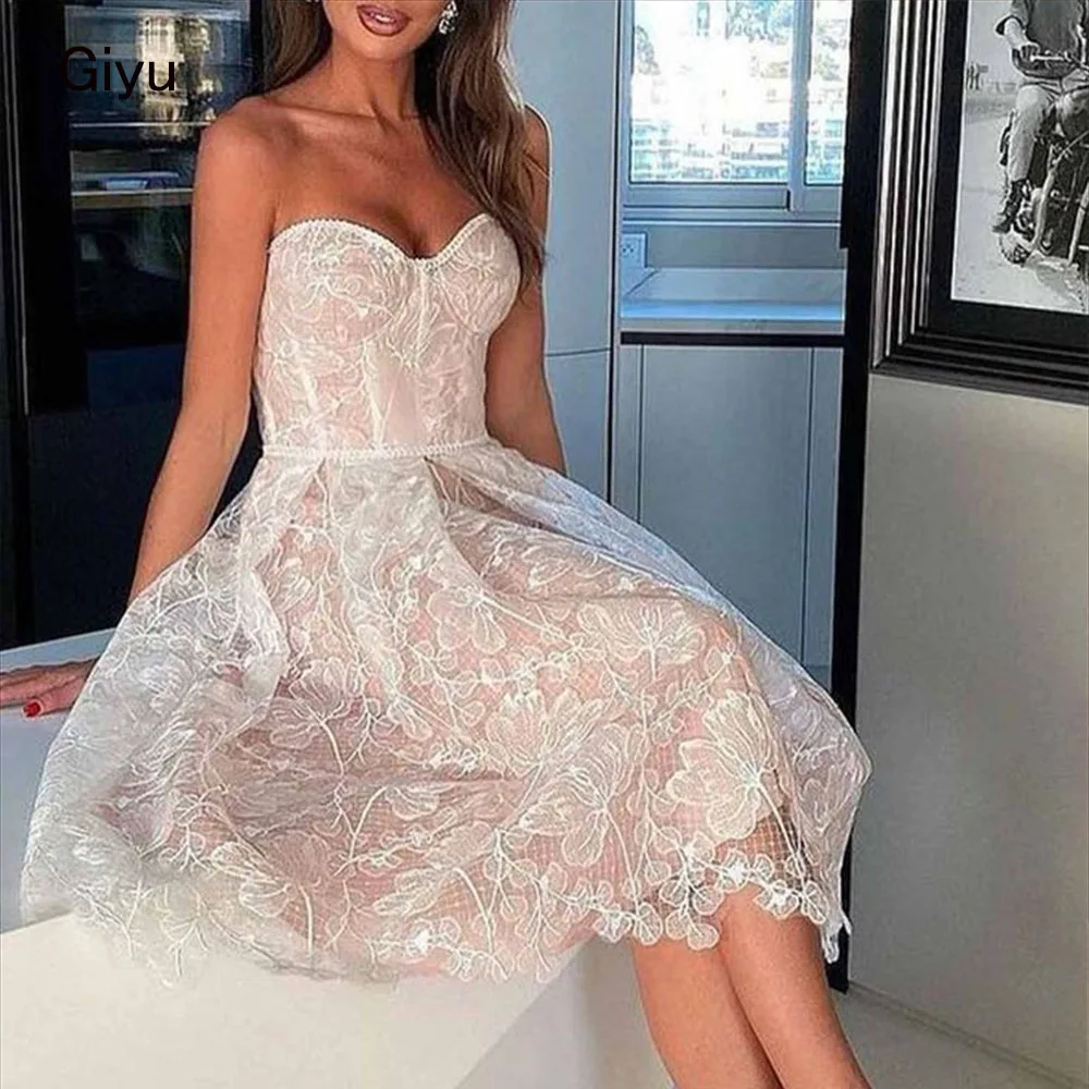 Giyu Modern Style Lace Followers Wedding Dress For Woman Sweetheart Collar Tea-length Vestidos Novias Boda Bridal Gown