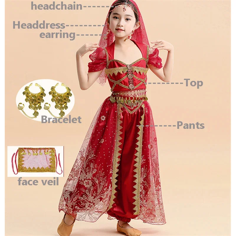   Kids India Princess Belly Dance Set Oriental Indian Dance Sari Girl Performance Costume Bollywood Children Stage Outfit