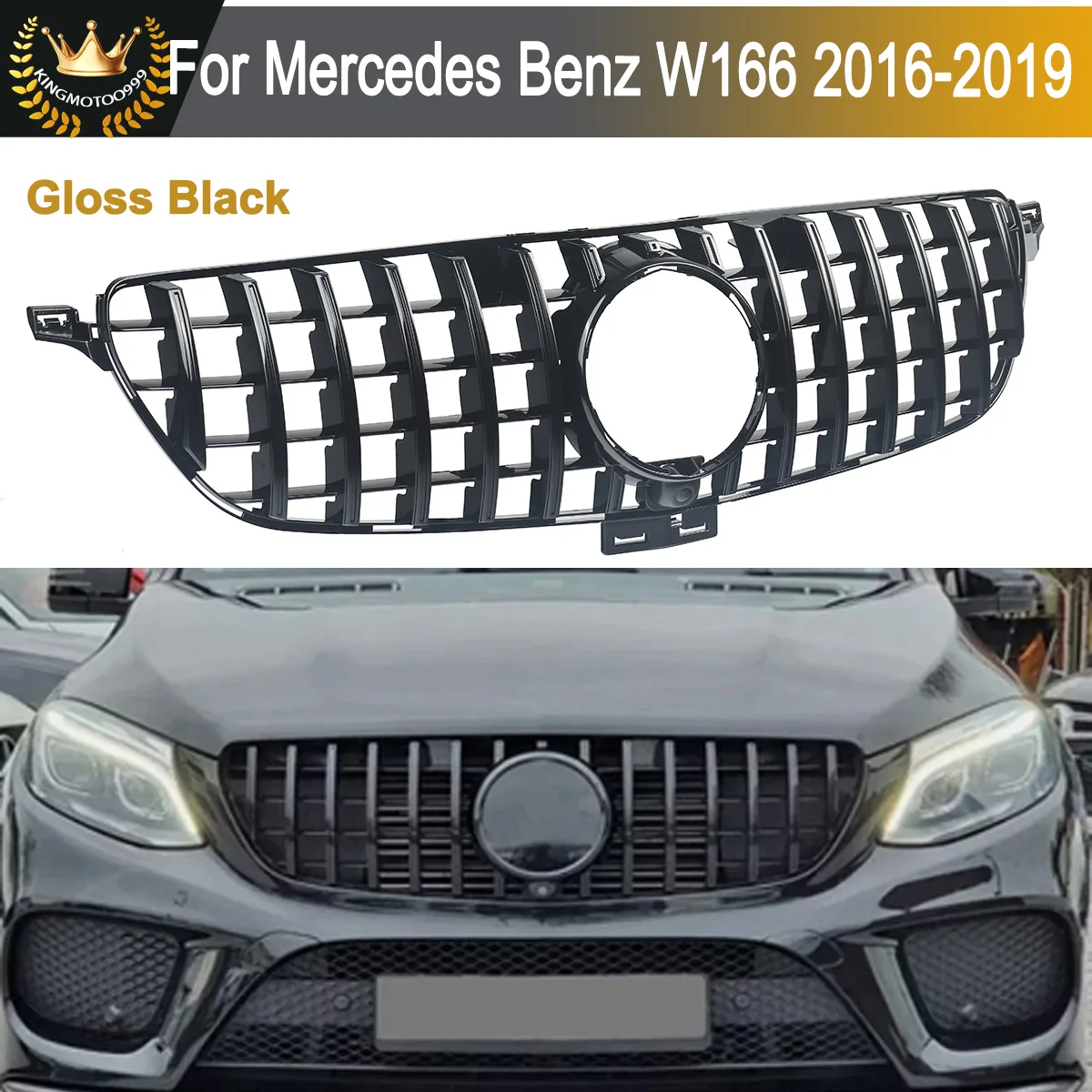 GT-R-Stil für Mercedes Benz GLE-Klasse W166 GLE350 GLE400 2015-2019 Glänzend Schwarzer Frontstoßfänger Kühlergrill Motorhaube Mesh Bodykit