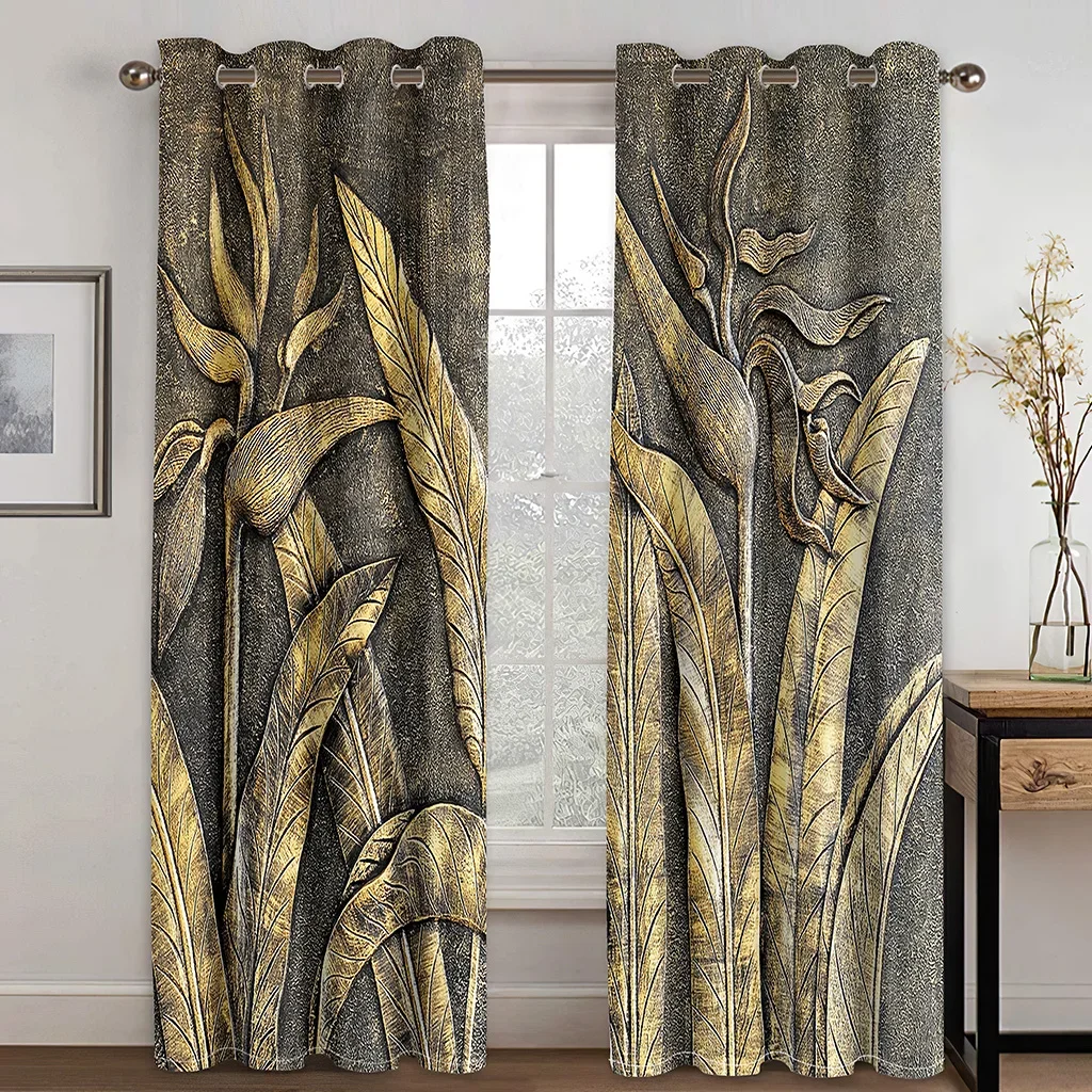 Flower Curtains for Living Room, Graceful Window Drapery, Black and Gold Color, Copper Plate Flower, Kid's Bedroom