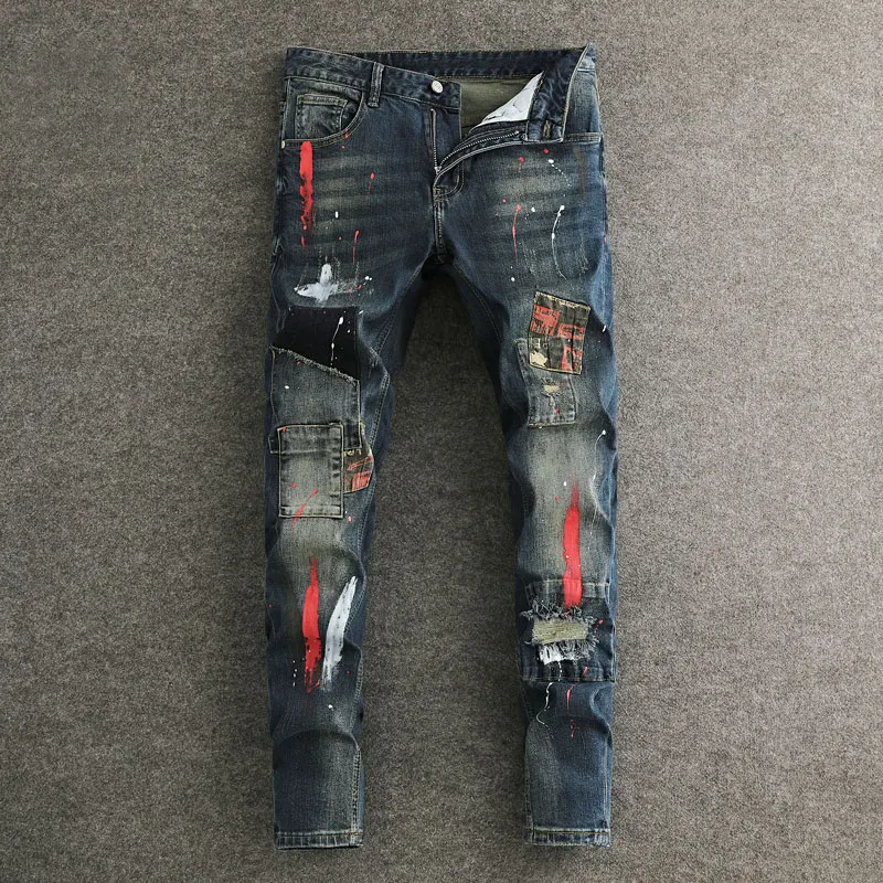 Moda urbana hombres Jeans Retro lavado azul elástico pintado rasgado Jeans hombres parcheado diseñador Hip Hop Vintage pantalones vaqueros delgados