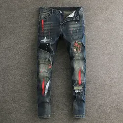 Street Fashion Men Jeans Retro Washed Blue Stretch Painted Ripped Jeans Men Patched Designer Hip Hop Vintage Slim Denim Pants
