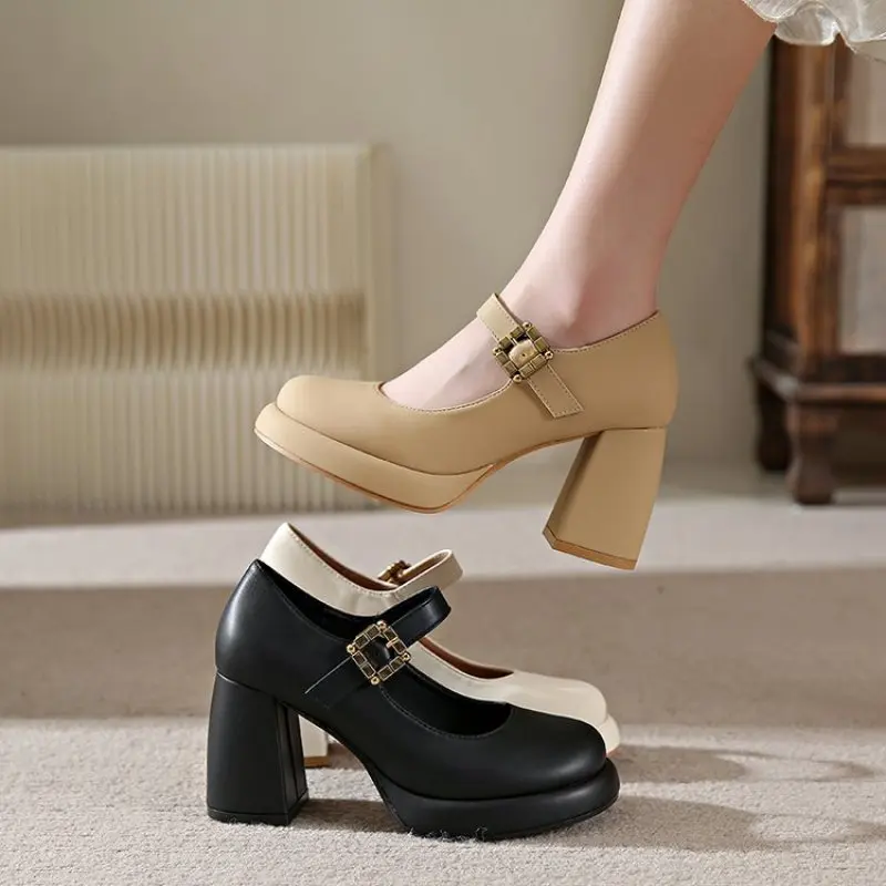NEW Thick Heels Mary Jane Shoes Women Buckle Strap Square Toe Pumps Woman Leather Shoes Female Fashion Casual Comfort Plus Size
