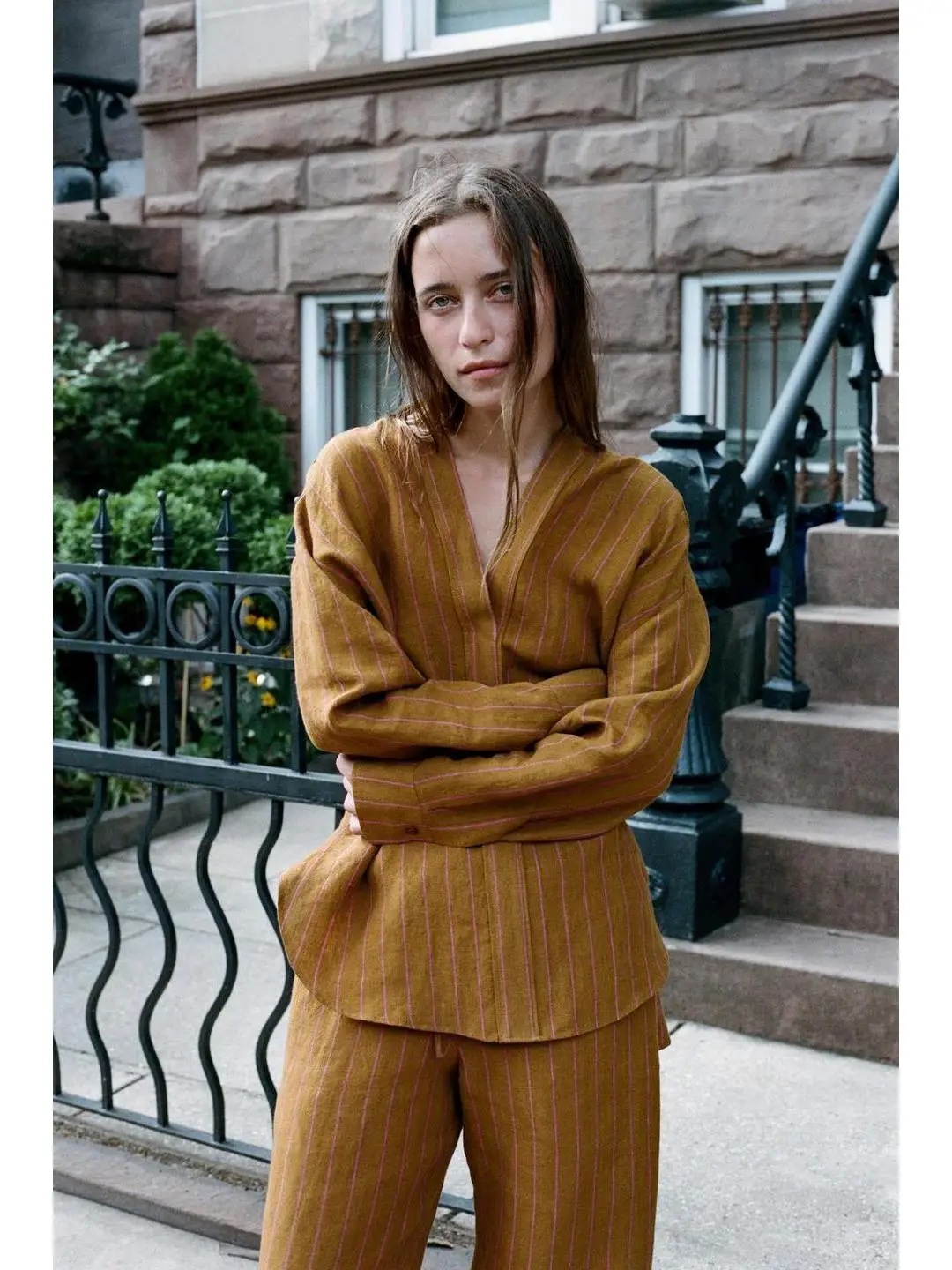 Casual Striped Shirt And Wide Leg Pants Two Piece Set for Women V Neck Long Sleeve Loose Fit Autumn Fashion Ensemble