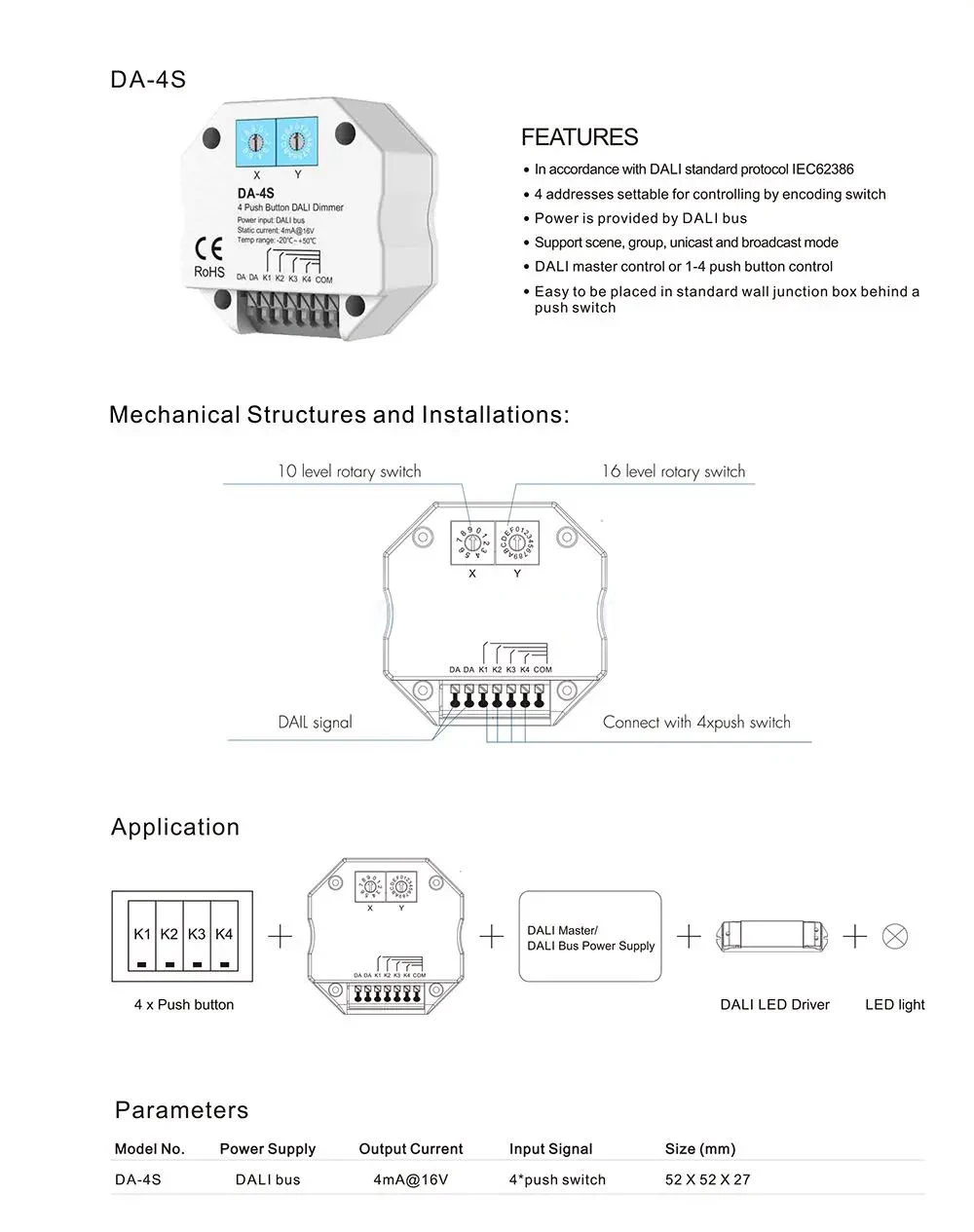 Skydance DA-4S DALI Switch 4 Push Button Dimmer Work With DALI Master/ Bus Power Supply