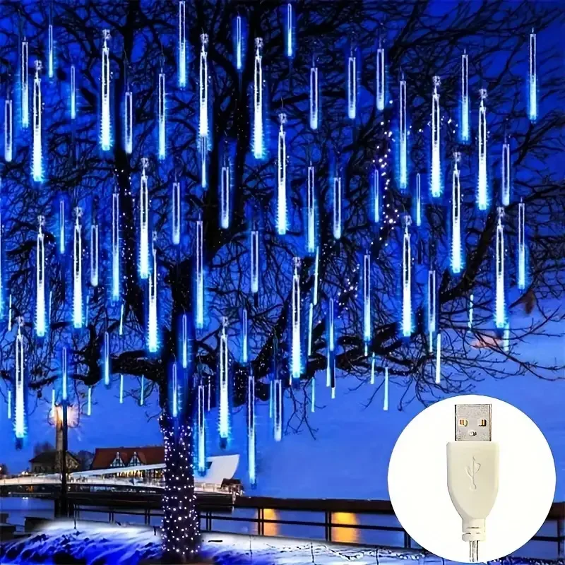 Outdoor Meteor Shower Christmas Lights USB 8 Tubes LED Hanging String Lights for Garden Tree Holiday Party Decoation Lamp