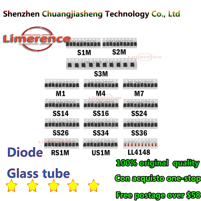 100PCS M1 M4 M7 S1M S2M S3M SS14 SS16 SS24 SS26 SS34 SS36 RS1M US1M LL4148 SMA DO-214 Diode Schottky