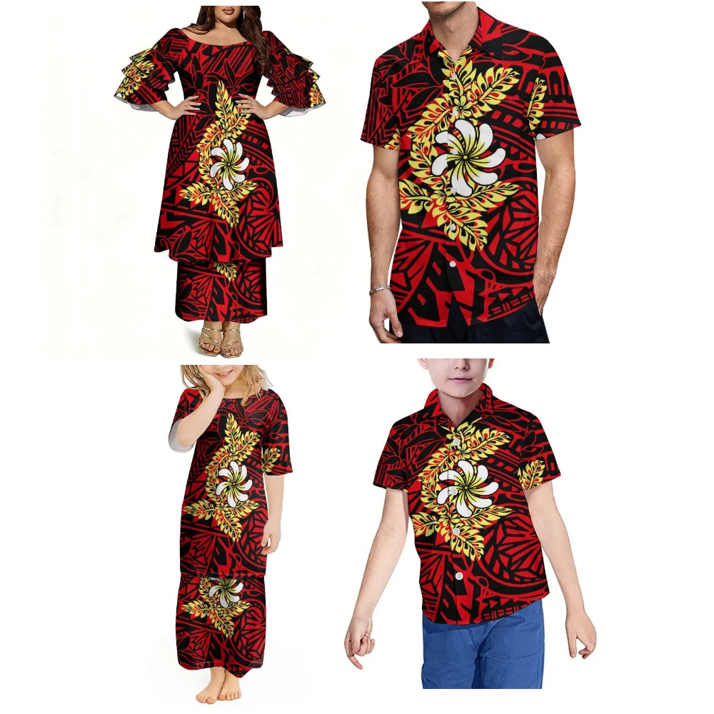 

Summer Customizable Polynesian Family Wear Fashionable Ladies And Girls' Puletasi Suit Skirts Casual Men And Boys' Shirts