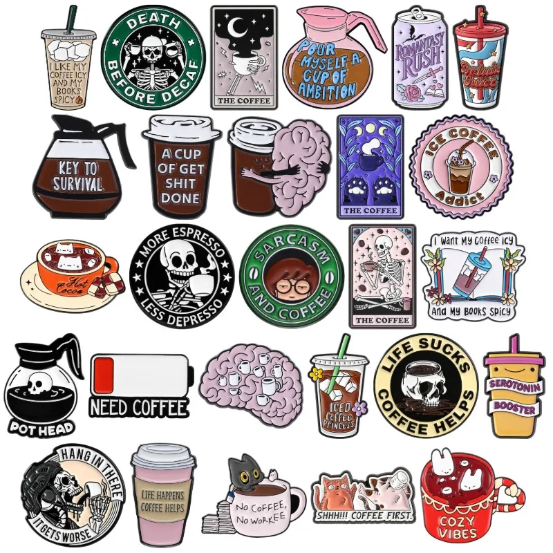 Iced Coffee Addict Collection Emaille-Pins, Serotonin-Booster-Broschen, Totenkopf-Tarotkarten-Abzeichen, Bookworm-Koffein-Gehirn-Schmuck, Geschenk