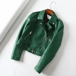 Women's Belted PU Leather Jacket Coat Buckle Short Faux Leather Female Motorcycle Jacket Coat