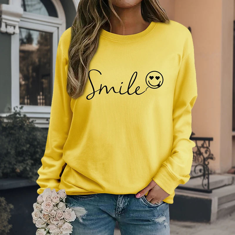 

Women's Smile Printed Round Neck Long Sleeve Pullover Sweatshirt Casual Loose Fall 2024 Trend Sweatshirt T-Shirt