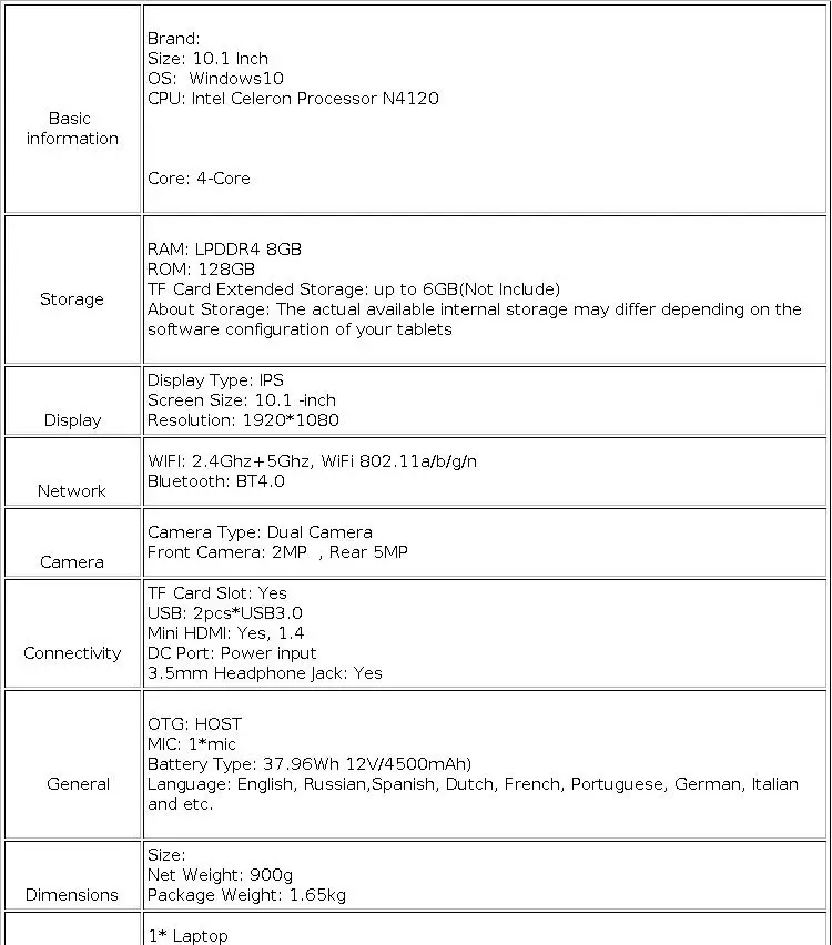 10.1 INCH 8GB LPDDR4 RAM 128GB ROM Windows 10 Intel Celeron N4120 CPU 2.6GHz 1920×1200 IPS Screen 2.4G+5G Dual WIFI
