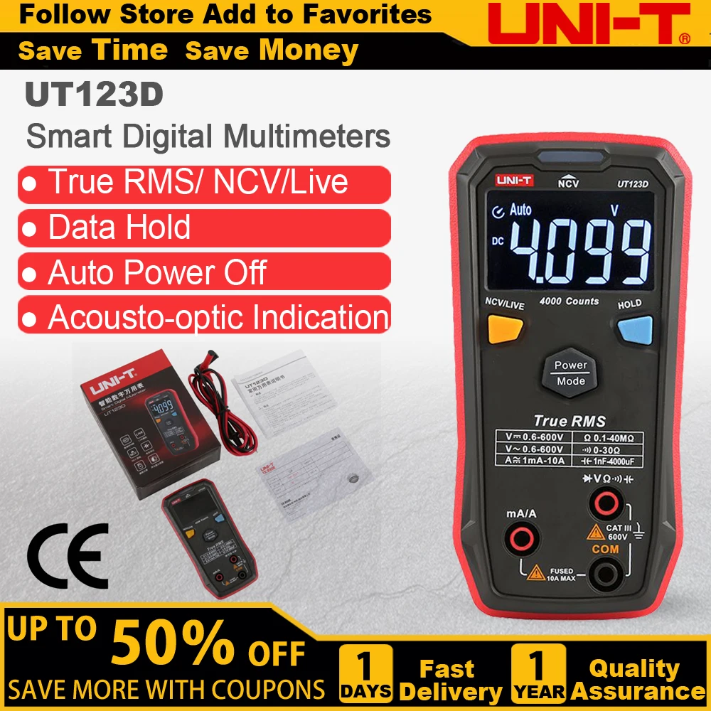 UNI-T UT123 UT123D Mini Digital Multimeter Temperature Tester Data AC DC Voltmeter Pocket Voltage Ampere Ohm Meter Auto Range