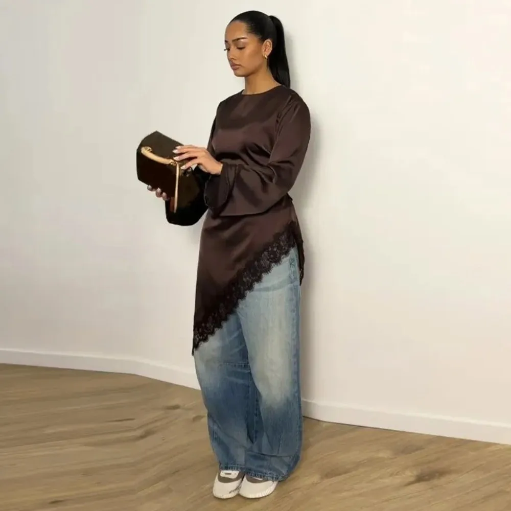 

Элегантная блузка с кружевным подолом и драпировкой, дышащая, комфортная, асимметричная, с длинным рукавом, простая длинная рубашка для офиса