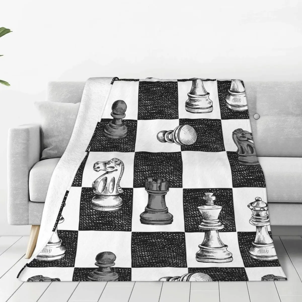 Chess Figures Checkered Blanket Flannel Printed Relax Super Soft Throw Blanket for Sofa Bedroom Bedspread