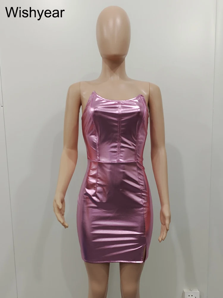 Wishyear Sexy Strapless Pink Purple Metallic Bodycon Short Mini Dress Women Summer Rave Outfits Party Nightclub Birthday Robe