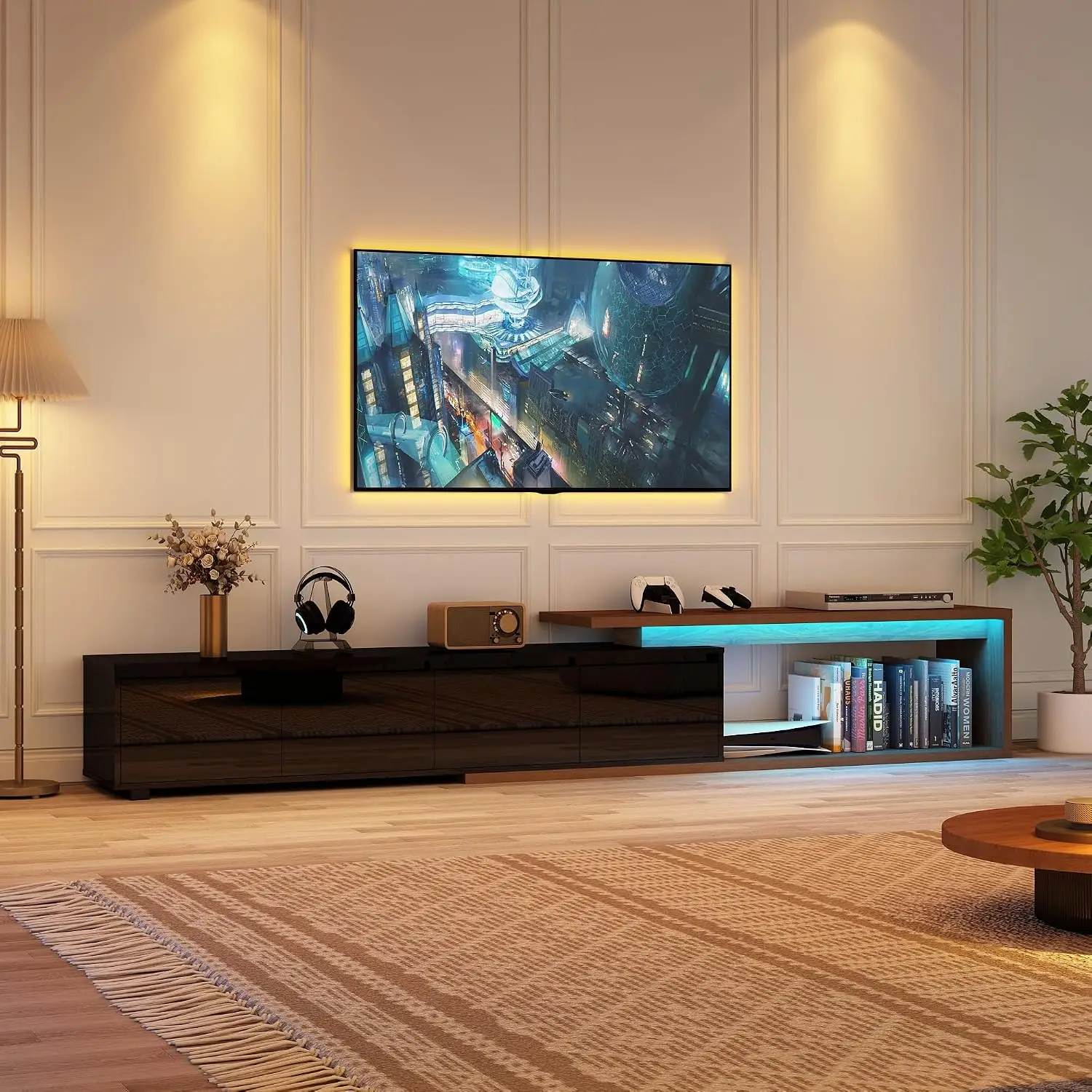 Extendable TV Stand LED Light Entertainment Center 120 Inch TV Wood Console 2 Drawers  75