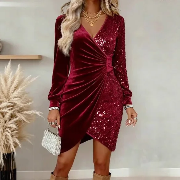 Damen V-Ausschnitt Pailletten-Verziertes Samtkleid Elegantes Bequemes Lässiges Gerafftes Unregelmäßiges Bodycon Langarm Party-Cocktailkleid