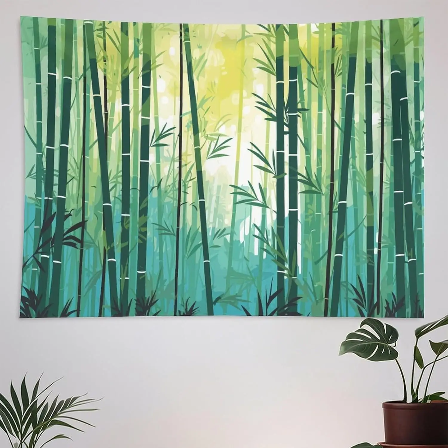 Aesthetic Bamboo Forest Tapestry Wall Hanging Green Nature Tropical Jungle Decor Artwork Polyester Print for Modern Living Room