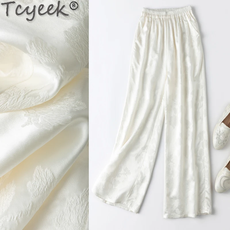 

Tcyeek 30MM Real Silk Long Pants Elegant Pants for Women 50% Mulberry Silk Wide Leg Pants Summer Woman Trousers Elastic Waist