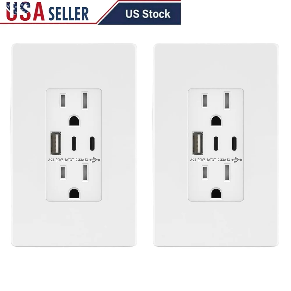 

3-портовая USB-розетка, 15 А, зарядная вилка типа C с защитой от перенапряжения, безвинтовая настенная панель, смартфоны, планшеты