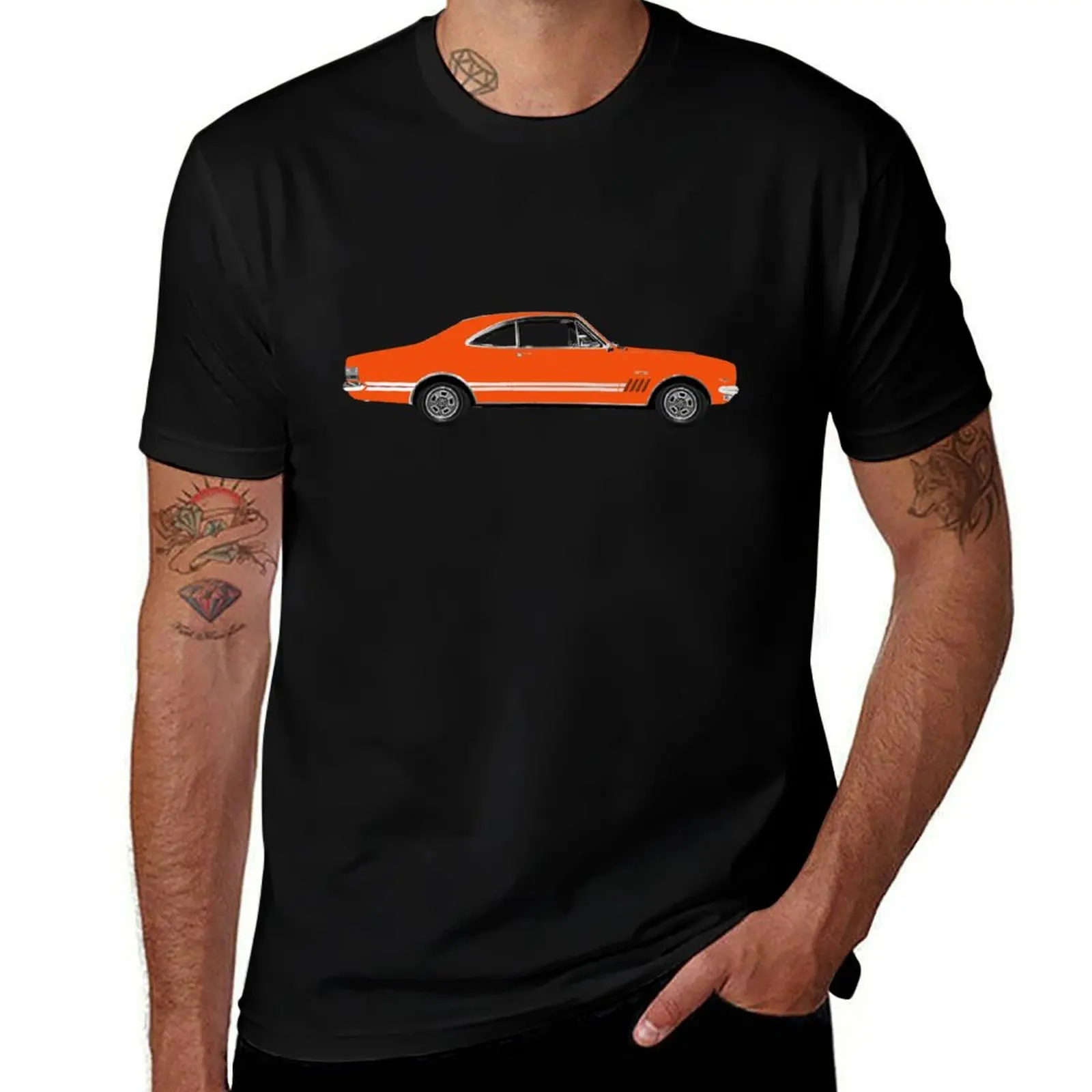 HT Holden GTS Monaro 1970 Sebring Orange on Black T-Shirt Work Basic Short Sleeve Top T-Shirt