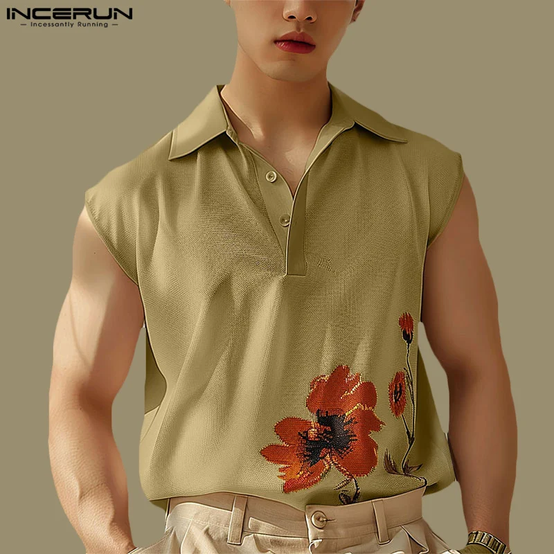 

INCERUN Tops 2024 Korean Style Fashion Mens Patchwork Color Printed Shirts Casual Streetwear Loose Sleeveless Lapel Blouse S-5XL