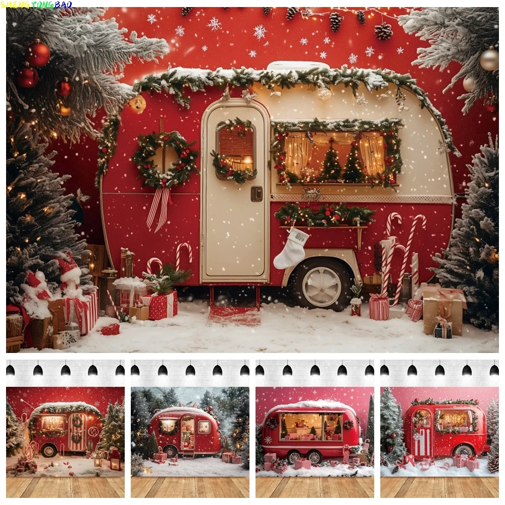 Winter Schnee Weihnachten Roter Auto-Hintergrund Fotografie Camping Wald Weihnachtsbaum Kinder Familie Porträt Dekor Kulisse Fotostudio