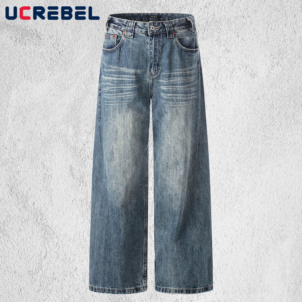 

Ripped Straight Jeans Mens Spliced Retro High Street Washed Distressed Wide Leg Baggy Denim Pants Man