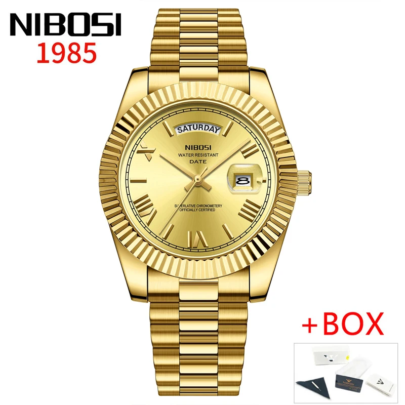 NIBOSI Marke Luxus Gold Rot Quarzuhr für Männer Edelstahl Wasserdicht Leucht Datum Woche Mode Männer Uhren Reloj Hombre