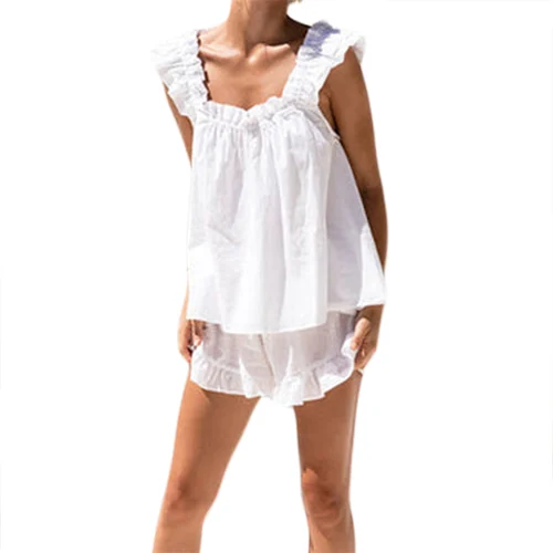 Imagen 2 del producto Conjunto de pijama de 2 piezas para mujer, ropa de dormir sin mangas con espalda descubierta y pantalones cortos con volantes, Color liso