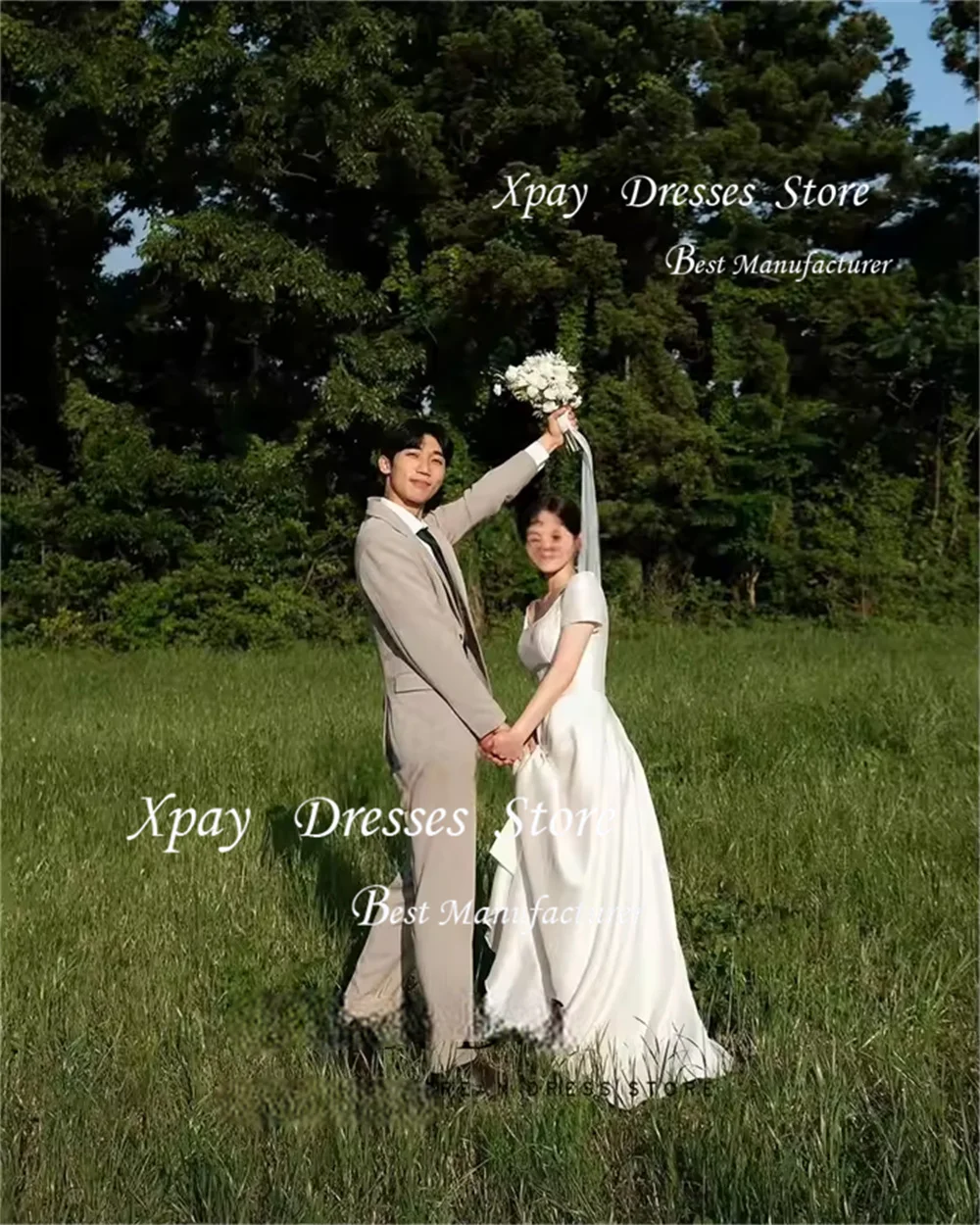 XPAY Quadratischer Kragen, schlichtes Elfenbein, kurze Ärmel, Brautkleider, Korea, Fotoshooting, Satin, bodenlanges Brautkleid, formell, individuell gestaltet