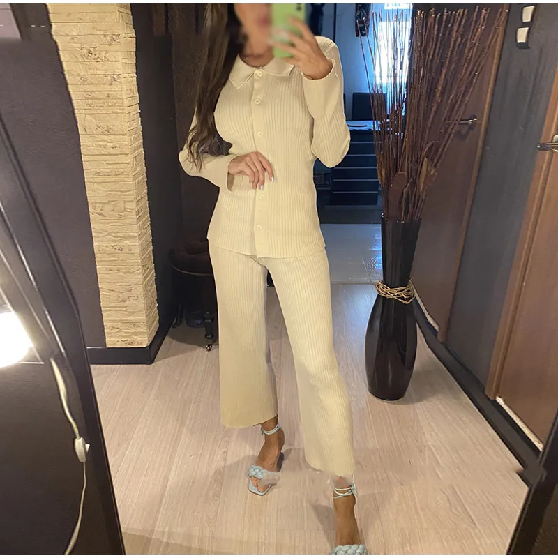 Elegant Knitted Women Ribbed Flare Sleeve Shirts Tops and Elastic Slim Female Outfit Single-breasted Cardigans Vintage Sweater