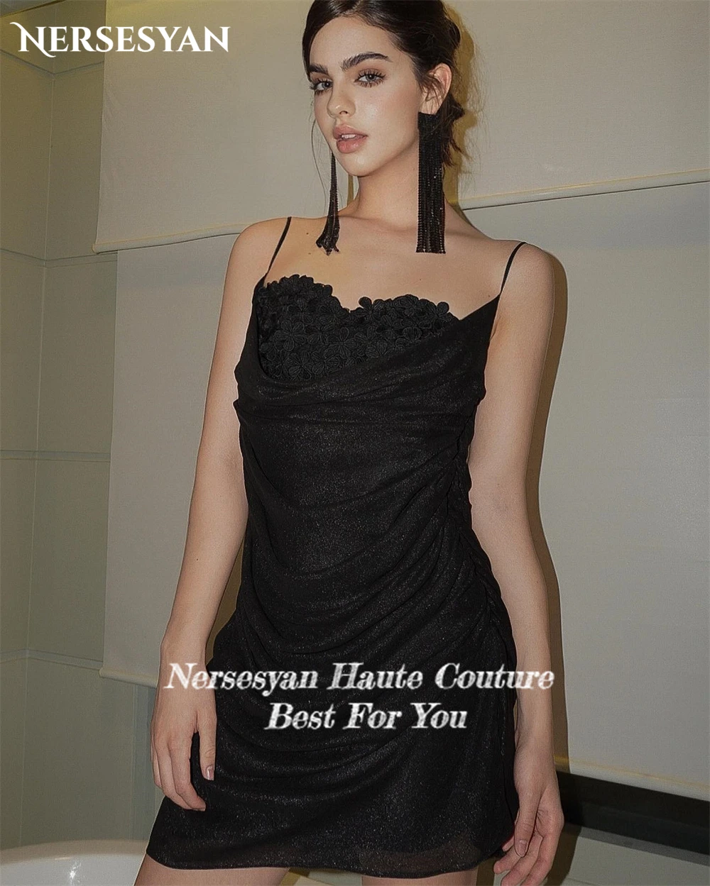 Nersesyan-Luxo preto brilhante Lace Vestidos de noite formais, Spaghetti Straps, Querida Prom Dress, Mini Backless Party Gowns