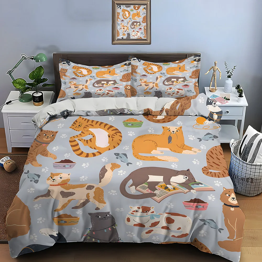 Cute cats with items background Print Bedding Set 1 Duvet Cover 2 Pillowcases for Adult and Children Luxury Gift Full Size
