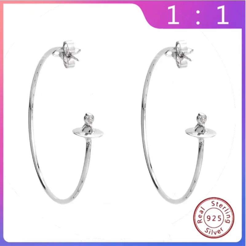 S925 Sterling Silver Needle 4CM Large Circle Small Saturn Ear Ring Women's Jewelry