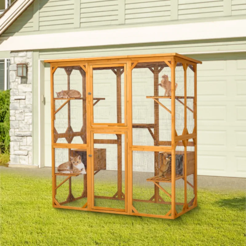 

Catio Outdoor Cat Enclosure with Roof 72" Height Cat Wooden House Large Cat Cage with 3 Jumping Platforms and 2 Napping Houses f