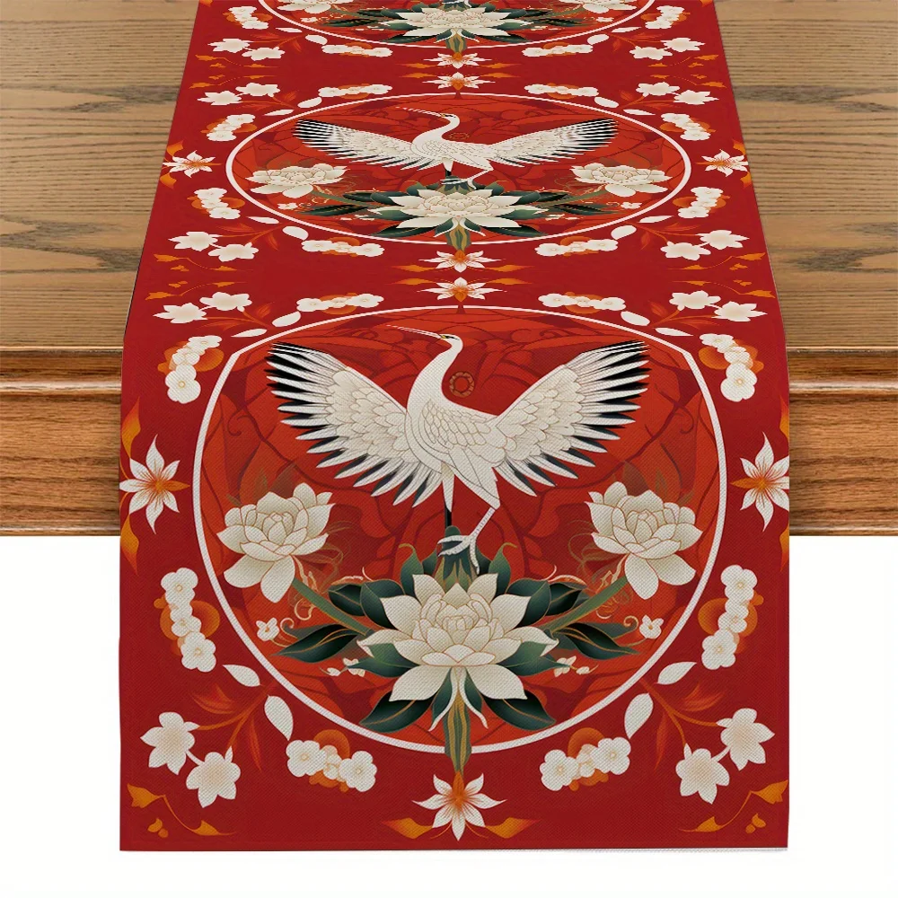 Flower Crane Ethnic Pattern Chinese Style Linen Table Runner Party Decor Happy New Year Spring Festival Table Runner Table Decor