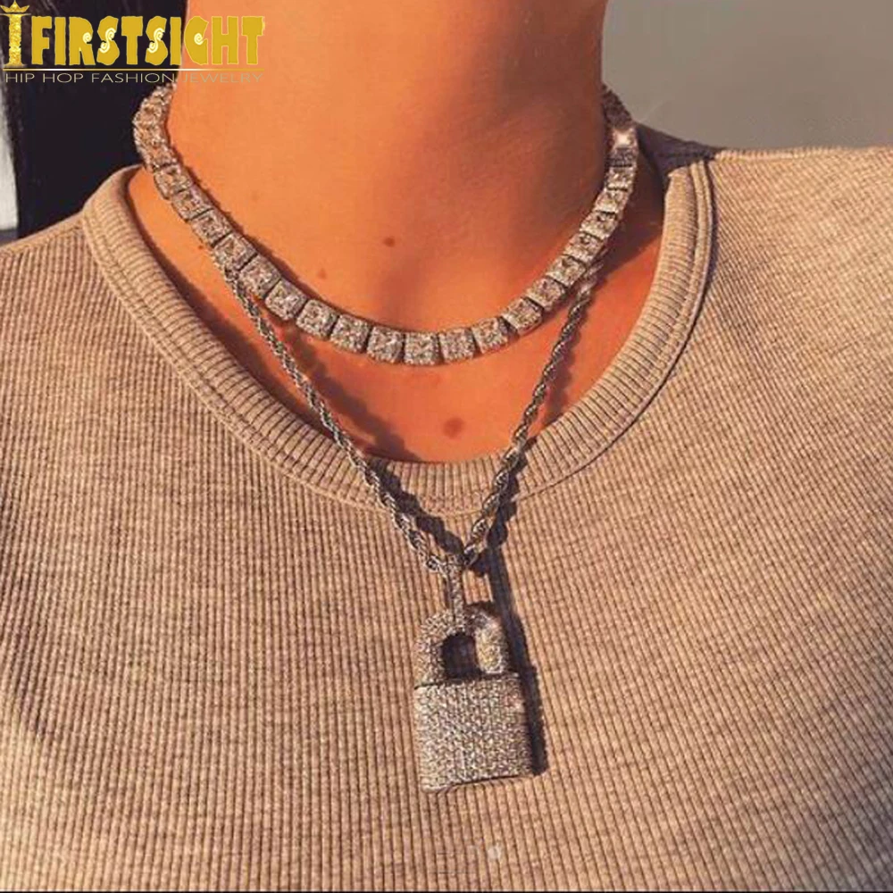Silver Color CZ Lock Pendant Necklace 5mm Tennis Chain Iced Out Bling Cubic Zircon Charm Choker For Men Women Hip Hop Jewelry