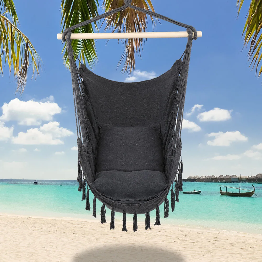 

Outdoor Chair Patio Furniture Tassel Hanging Rope Chair Hammocks Swing With Pillows Gray