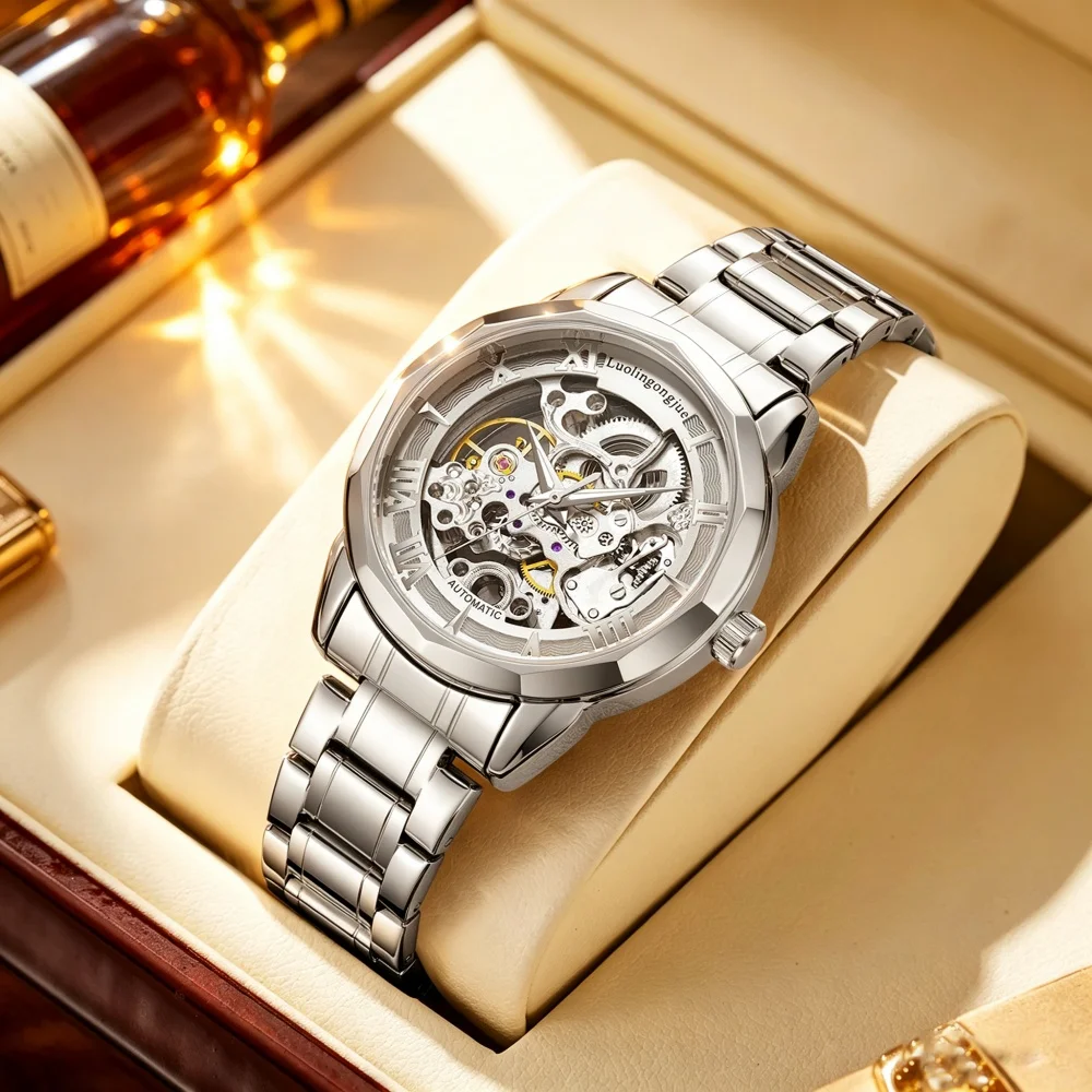 Montre mécanique squelette entièrement automatique de luxe léger pour hommes, bracelet en acier classique et étanche avec mouvement visible, haute valeur esthétique, montre cadeau polyvalente pour hommes, idéale pour un style business décontracté.