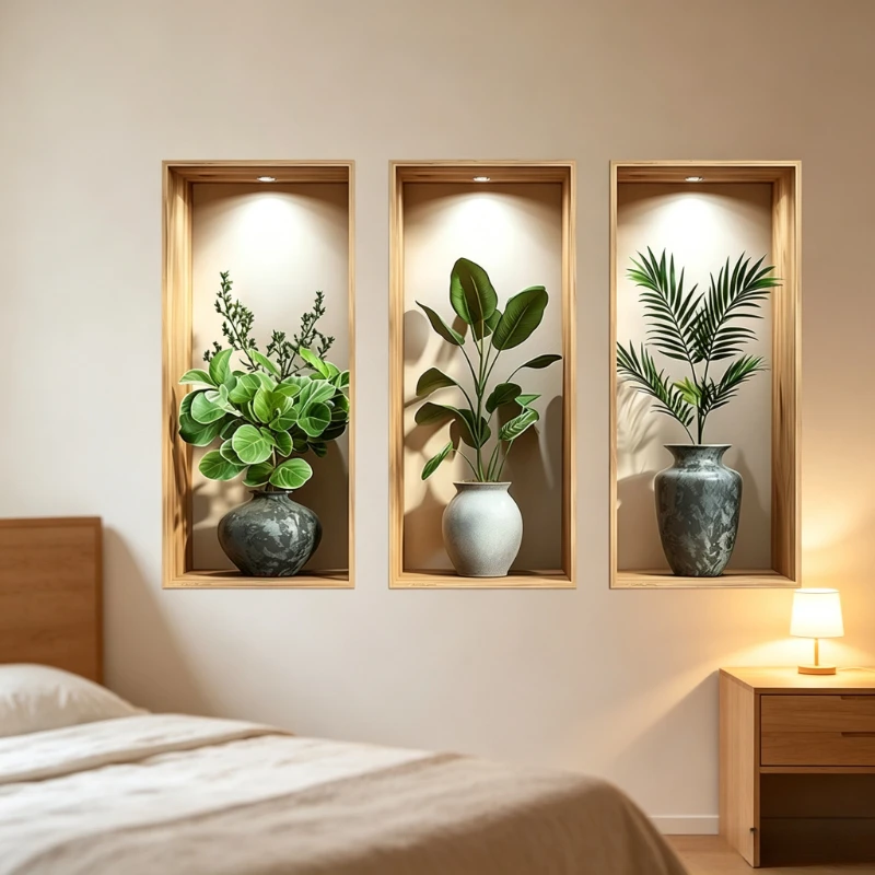 3Pcs 3D Visual Effect Plant Potted Wall Sticker Self‑Adhesive Mural Decal Waterproof Home Decor for Living Room Background Wall