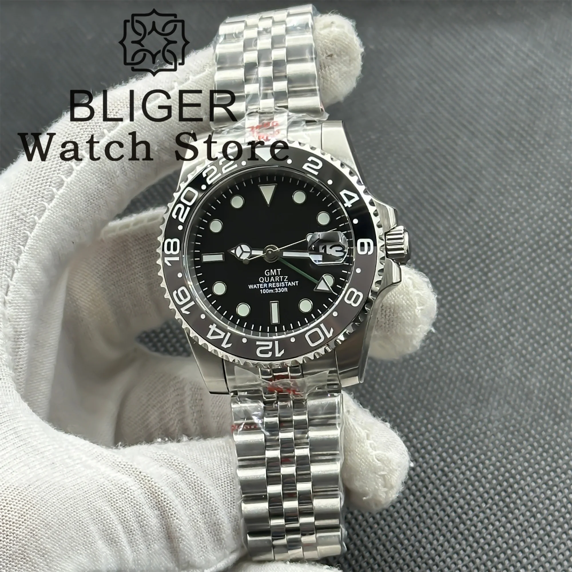 BLIGER 40mm Ronda 515 Quartz Men's Watch Ceramic Luminous Bezel Sapphire Glass Black Dial Red Green GMT Hand Waterproof Watch