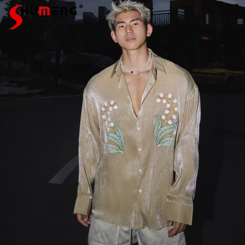 

Fashion Original Gentle Flower Tops Men's 2025 Summer New Art Print Long Sleeve Shirts Male Trendy Retro Handsome Stylish Shirts
