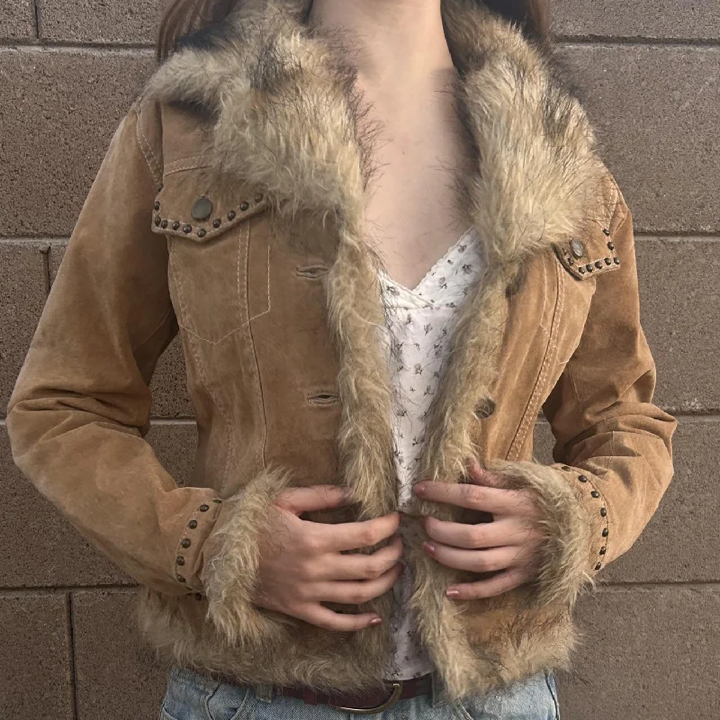 

Khaki Jacket Fashion Fur Jacket 2025 Winter Y2k Retro Trend Fur Collar One-piece Women's Top